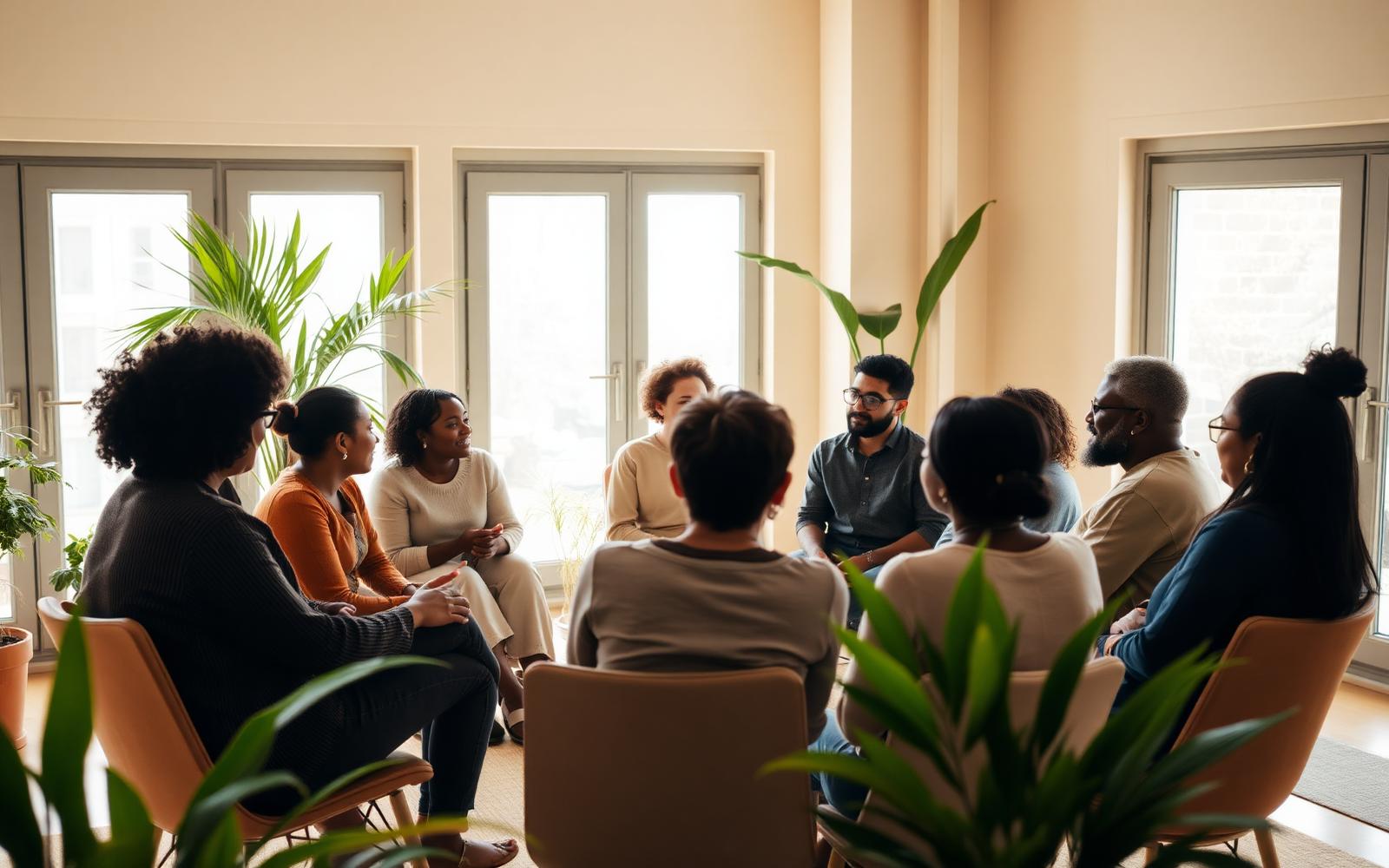 Grupo diverso de pessoas sentadas em roda de conversa, em sala iluminada