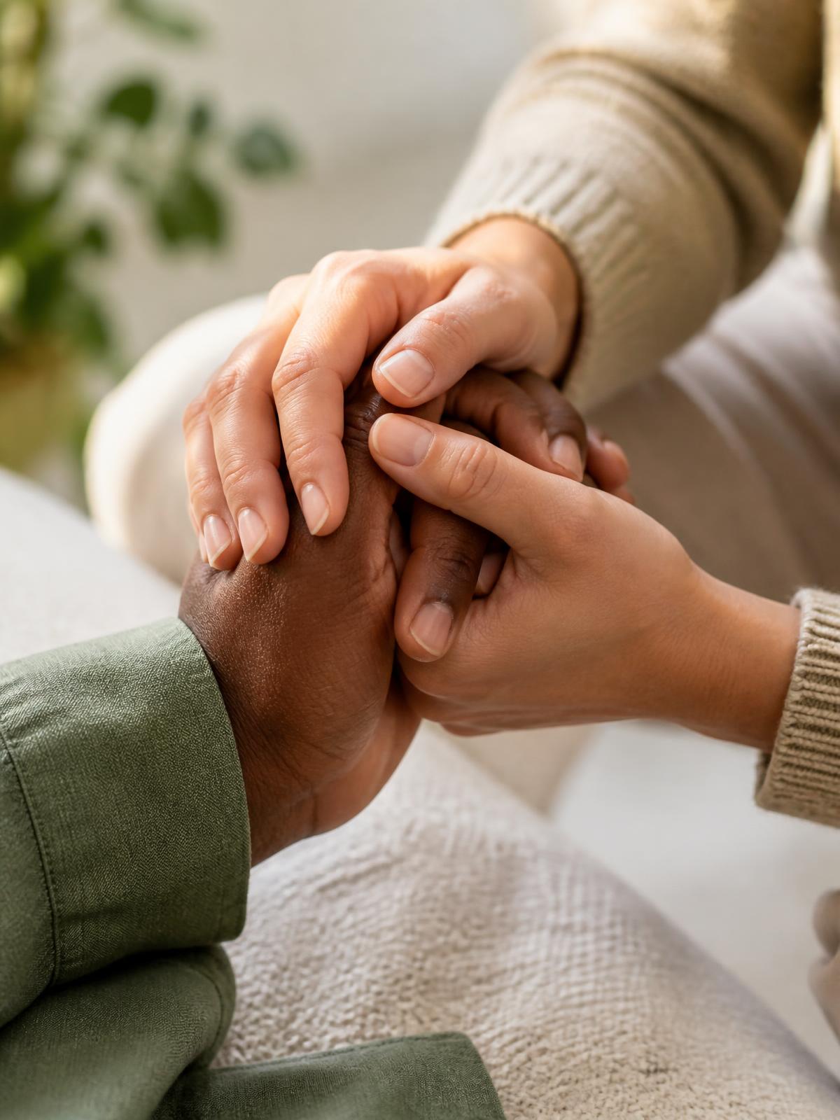 Duas pessoas de mãos dadas, em gesto de acolhimento e cuidado